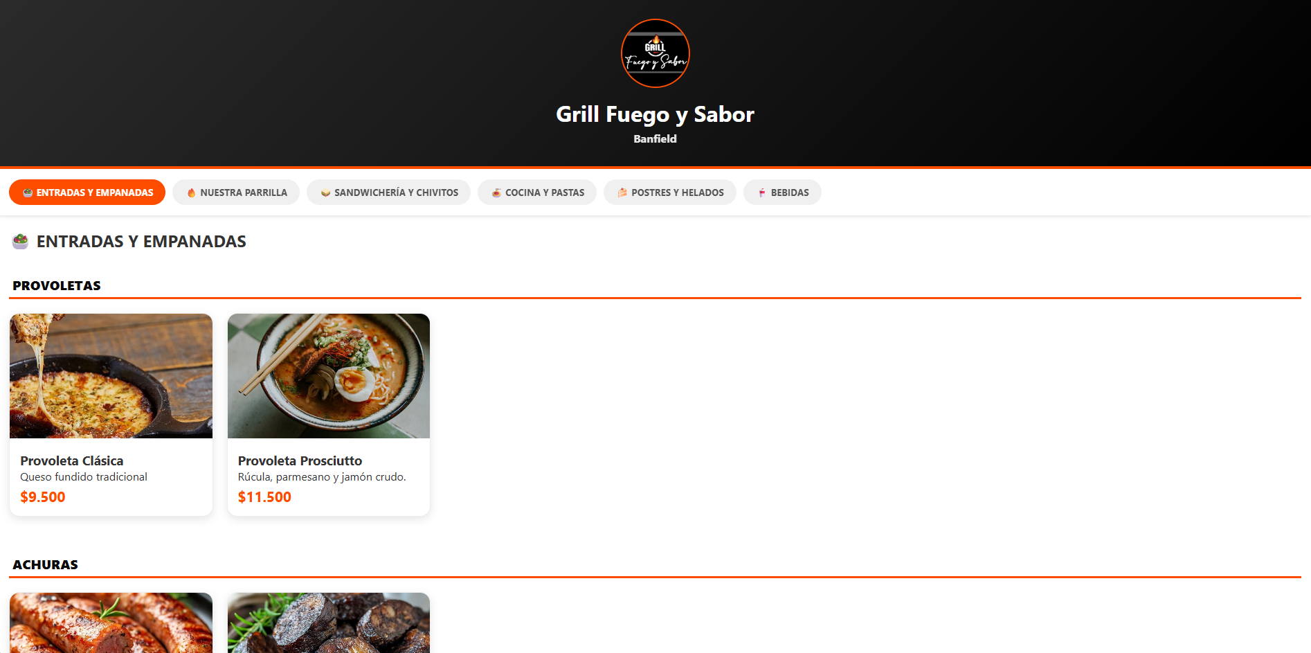 Captura del menú virtual de Grill Fuego y Sabor